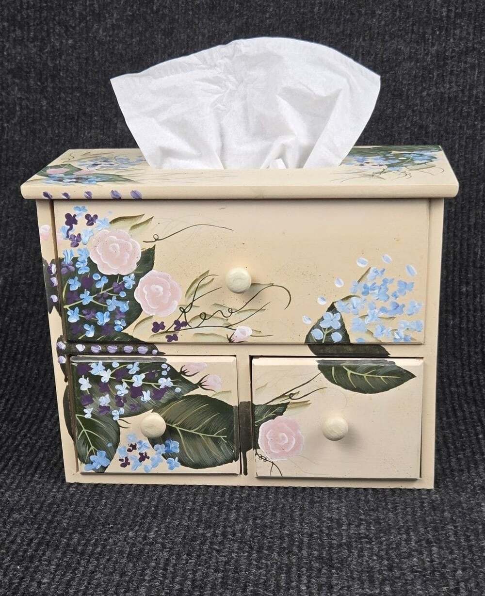Hand Painted Wooden Tissue Box Holder With Drawers Floral
